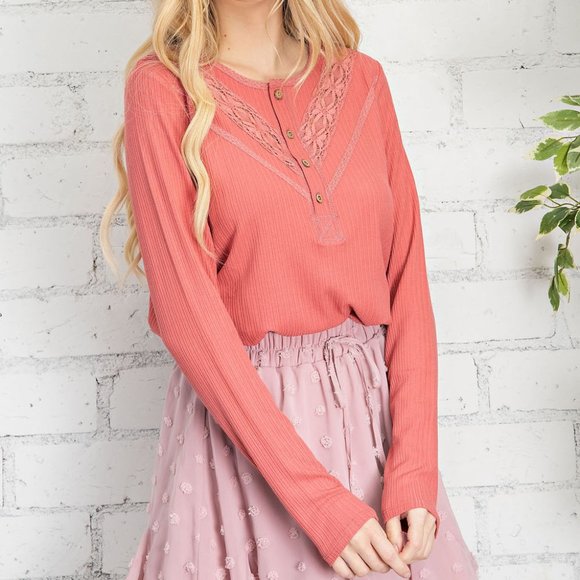143 Story Tops - BOHO Basic Button Down Lace Trip Knit Top
